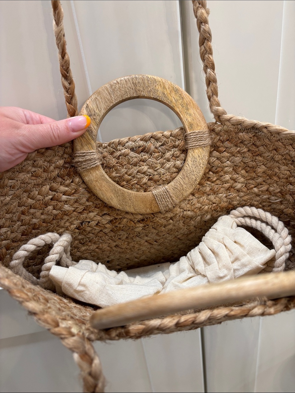 Woven Straw Tote Bag with Wooden Handle - Natural - Picture 5 of 7